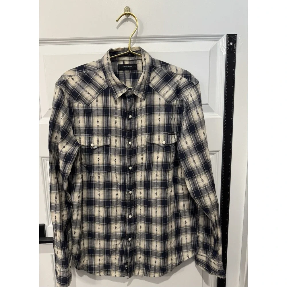 LUCKY BRAND Men's Long Sleeve Shirt Jacket Tan Black Snaps Small S Western Vibe